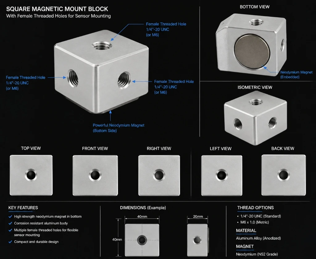 Square Magnetic Mount Block for Sensor - 35mm Triaxial Cube (3-Axis Accelerometer) - View 2 (SKU: BCNT-AJ-SMB-01)
