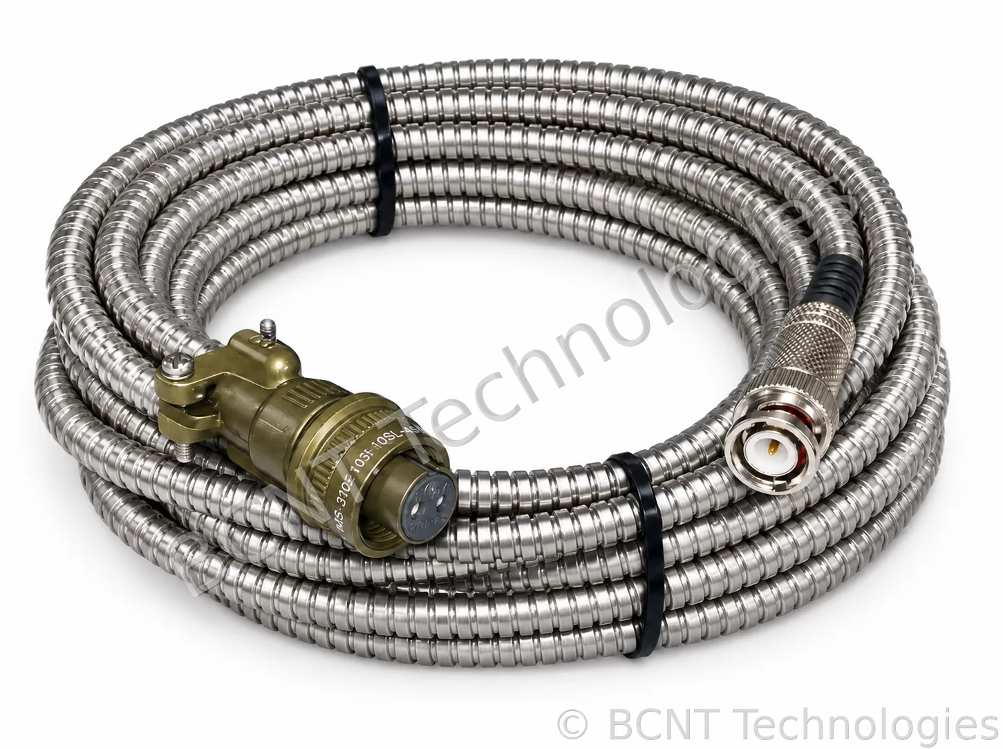 Armored Vibration Sensor Cable - 2-Pin MIL-C-5015 to BNC Plug (SS Armor) (SKU: BCNT-AJ-C50-BN-005) - BCNT Technologies